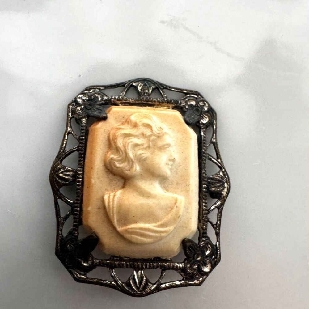Gorgeous vintage Cameo pin; silver filigree frame must see
